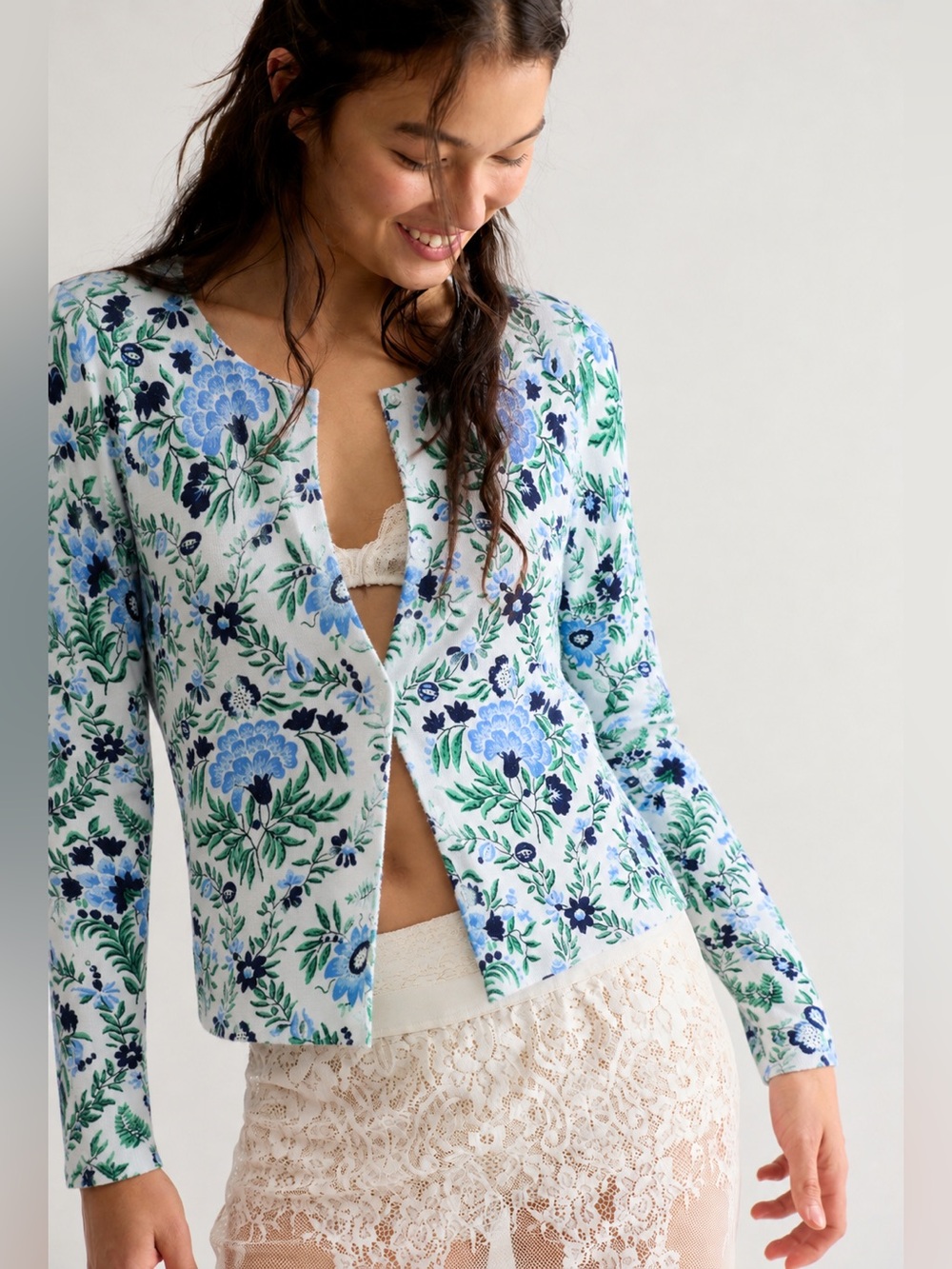 Talbots Petite Blue Green Floral Cotton Rayon Cardigan P